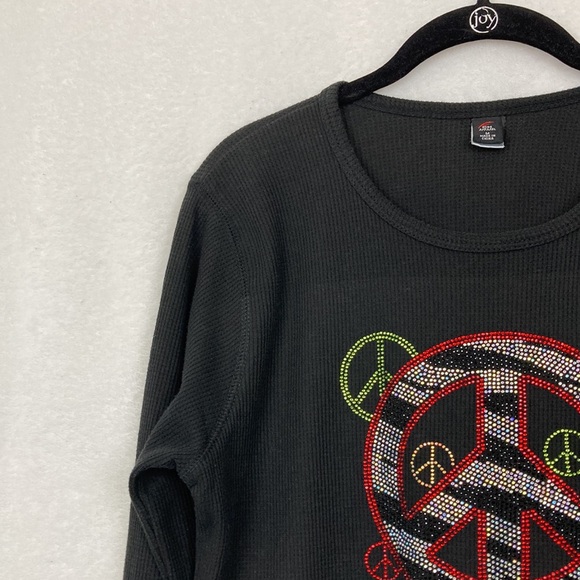 CH Apparel Women’s Black Thermal Knit Top with Crystal Peace Signs sz Medium - Picture 4 of 11